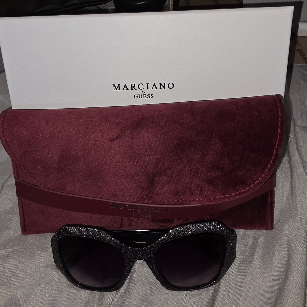 Marciano Black Glitter Sunglasses with Burgundy Case